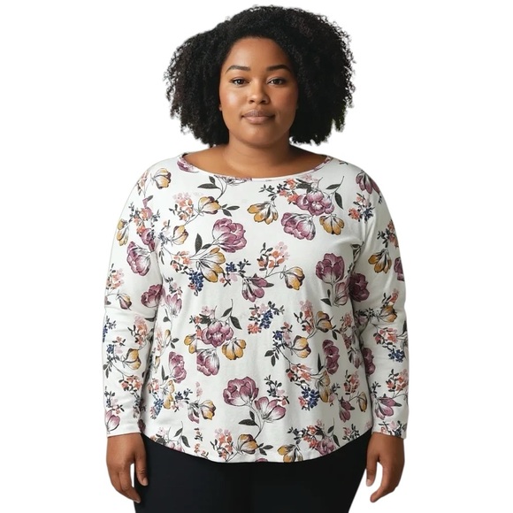 Terra & Sky Tops - Terra & Sky Long Sleeve Lightweight Scoop Neck Floral Top Plus Size 4X